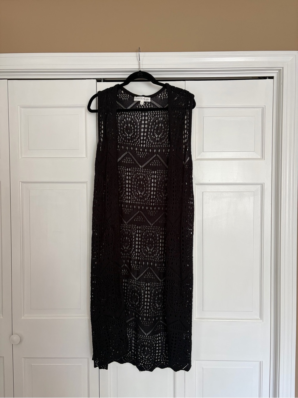 Sleeveless Black Crochet Longline vest